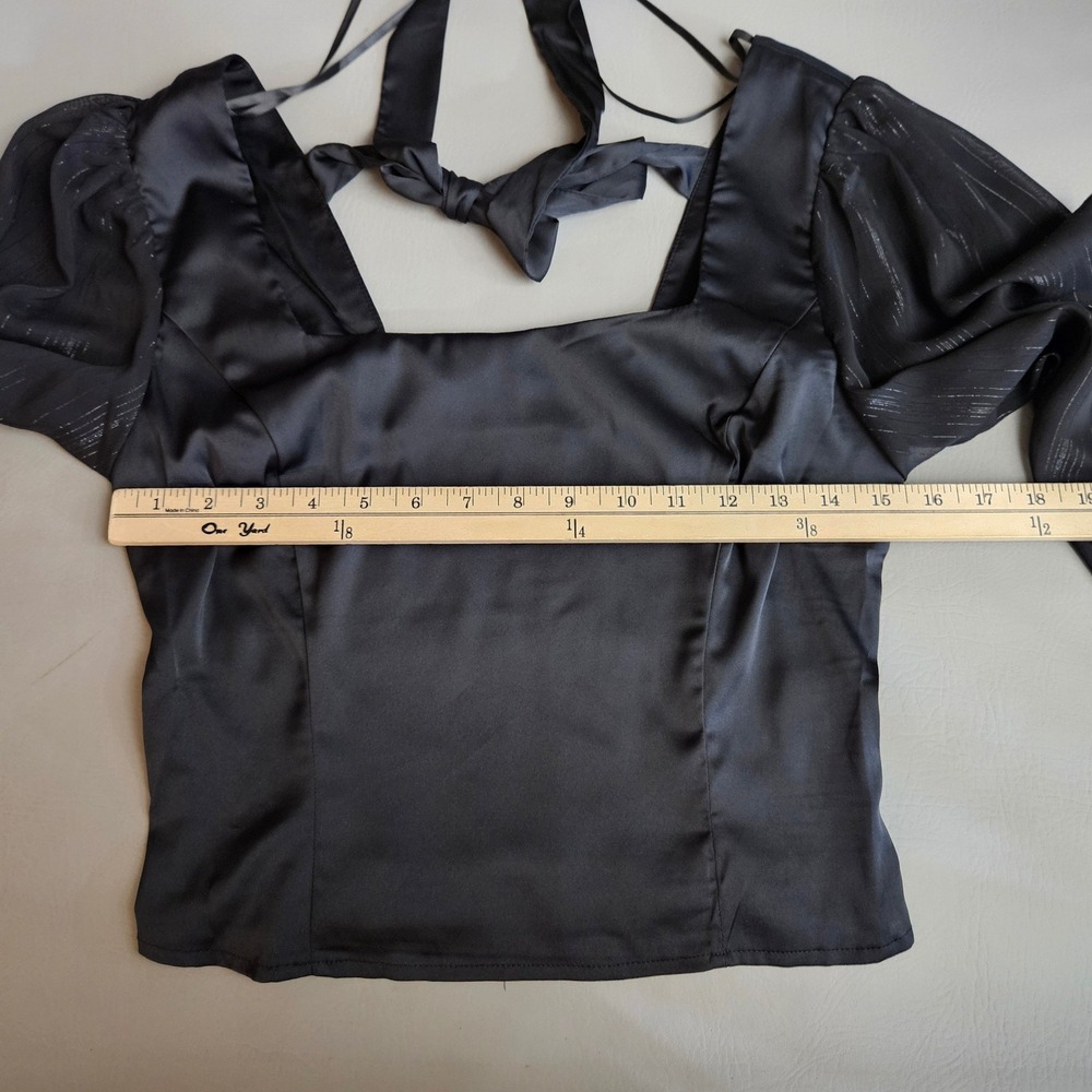 ee:some Black Sheer Balloon Sleeve Smocked Tie Back Crop Top M - Picture 8 of 8